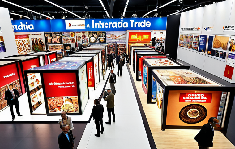 **
"A bustling international trade fair in Madrid, showcasing Spanish products to a diverse crowd. Focus on vibrant displays and the energy of global business negotiations."
**