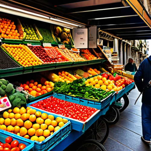 **Image Prompt 1:** "A vibrant marketplace scene in Barcelona, Spain. A fully clothed vendor sells colorful fruits and vegetables. Focus on the textures and details of the produce. Bright, natural lighting. Safe for work, appropriate content, perfect anatomy, natural proportions, professional photograph, modest attire."
