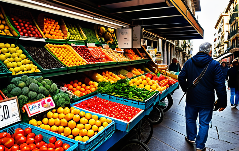 **Image Prompt 1:** "A vibrant marketplace scene in Barcelona, Spain. A fully clothed vendor sells colorful fruits and vegetables. Focus on the textures and details of the produce. Bright, natural lighting. Safe for work, appropriate content, perfect anatomy, natural proportions, professional photograph, modest attire."