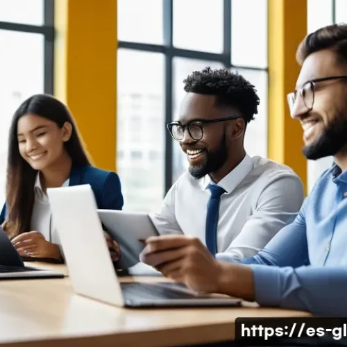 국제비즈니스 관련 인턴십 기회 찾기 - A diverse group of young international business interns collaborating in a modern co-working space, ...