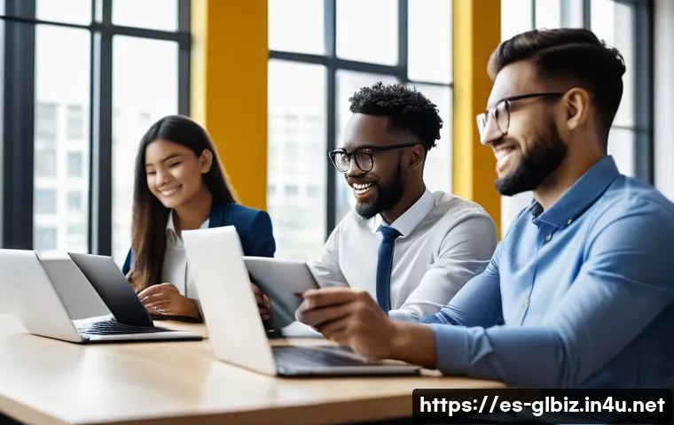 국제비즈니스 관련 인턴십 기회 찾기 - A diverse group of young international business interns collaborating in a modern co-working space, ...