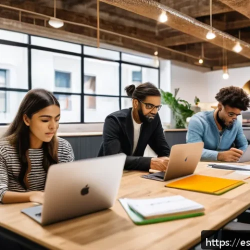 Home 31 국제비즈니스 자격증 스터디 그룹 활용법 - A diverse group of young professionals studying together in a modern coworking space in a Latin Amer...