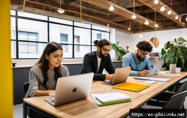 국제비즈니스 자격증 스터디 그룹 활용법 - A diverse group of young professionals studying together in a modern coworking space in a Latin Amer...