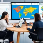 Home 18 국제비즈니스매니저의 하루 업무 루틴 - A diverse international business team in a modern office setting, engaged in a virtual conference ca...