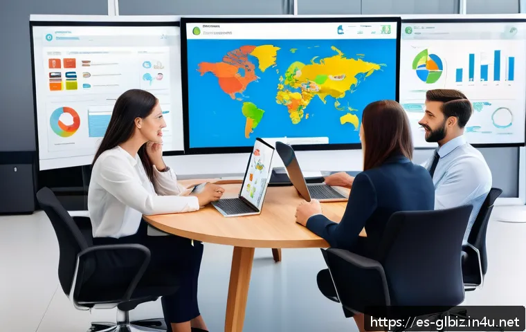 국제비즈니스매니저의 하루 업무 루틴 - A diverse international business team in a modern office setting, engaged in a virtual conference ca...