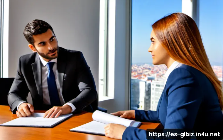 Home 17 국제비즈니스 자격증 취득 후 취업 전략 - Photorealistic international business job interview in a bright modern office in Madrid, confident S...