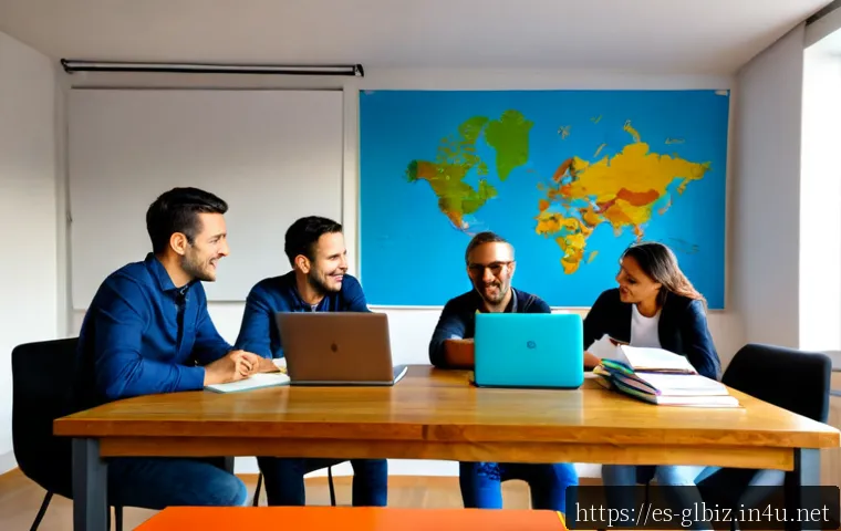 국제비즈니스 자격증 학습 커뮤니티 추천 - Photorealistic international business certification study community in a bright modern coworking spa...