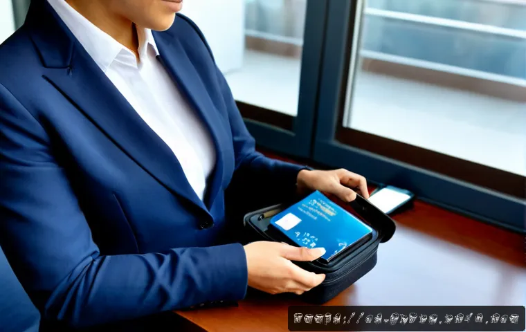 국제비즈니스매니저 해외 출장 팁 - Photorealistic international business manager in a smart navy suit organizing passport, boarding pas...